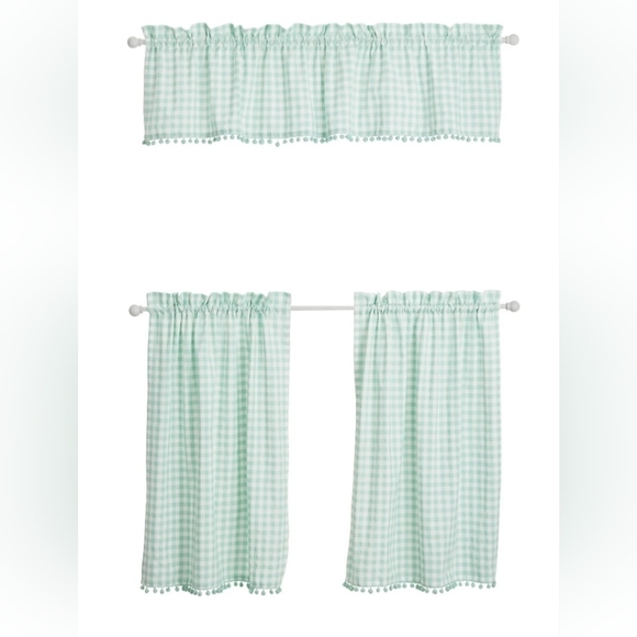 Pioneer Woman Mint Gingham Small Window Curtain Set 3Pc Tier Valance 30"Wx36"L - Picture 2 of 10